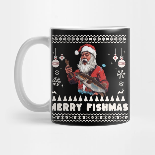 Merry Fishmas Santa Fishing Ugly Christmas Sweater by VisionDesigner